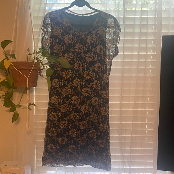 Dresses & Skirts - Sheer Black and Gold Lace Sheath Dress with sleeveless lining